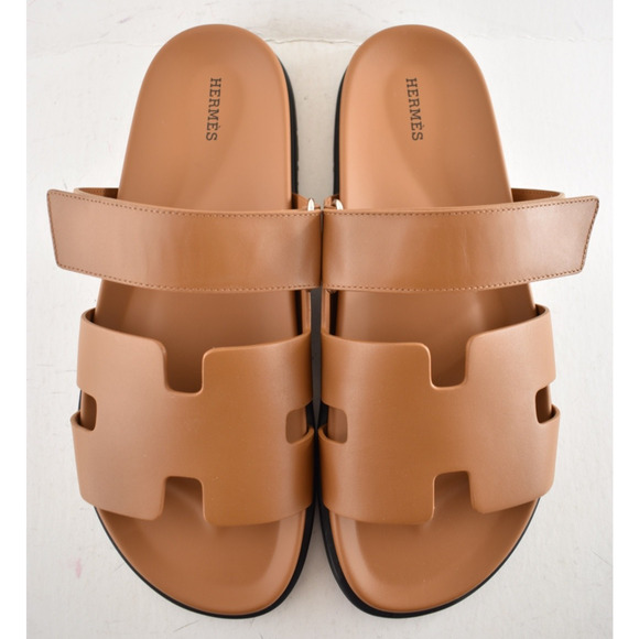 Hermes Chypre Sandal Mens Naturel Brown Gold Leather H Logo Slide Flat 45 12 - Picture 8 of 13
